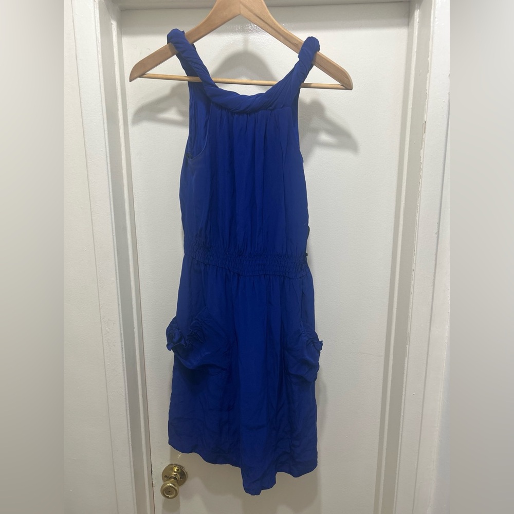 Anthropologie Sophia Eugene 100% Silk Dress Womens Size 4 Blue Pocket Summer Y2K